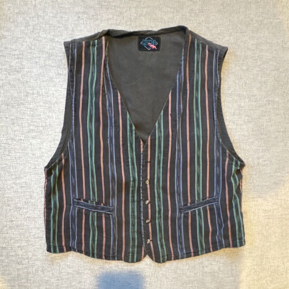 Gotcha Vintage Men's Striped Button Vest Regular Size Black Green Blue Red